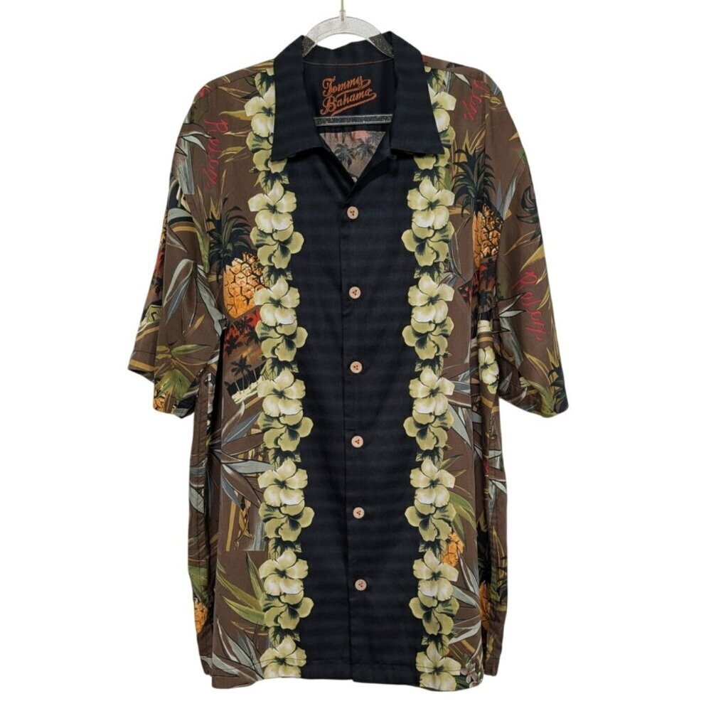 Tommy Bahama Hawaiian Shirt Mens Size Large Black Pineapple Hula Girl Relax